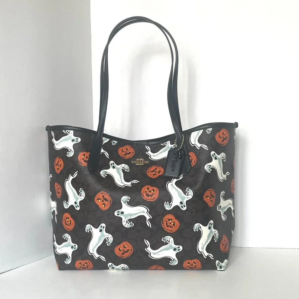 Coach City Tote Bag CCE69 Signature Canvas Halloween Ghost Print Walnut Large - Picture 2 of 10
